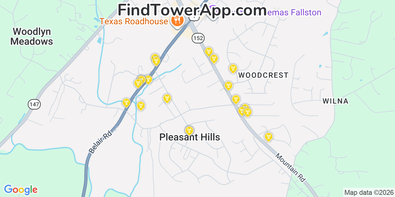 Map showing the 20 primary cell tower locations detected in Pleasant Hills, Maryland from AT&T, Verizon, and T-Mobile networks