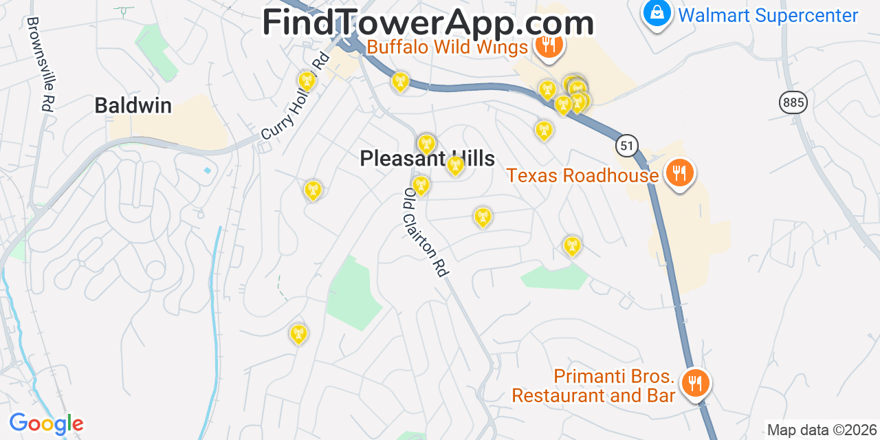 Map showing the 20 primary cell tower locations detected in Pleasant Hills, Pennsylvania from AT&T, Verizon, and T-Mobile networks