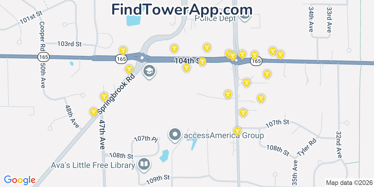 Map showing the 20 primary cell tower locations detected in Pleasant Prairie, Wisconsin from AT&T, Verizon, and T-Mobile networks