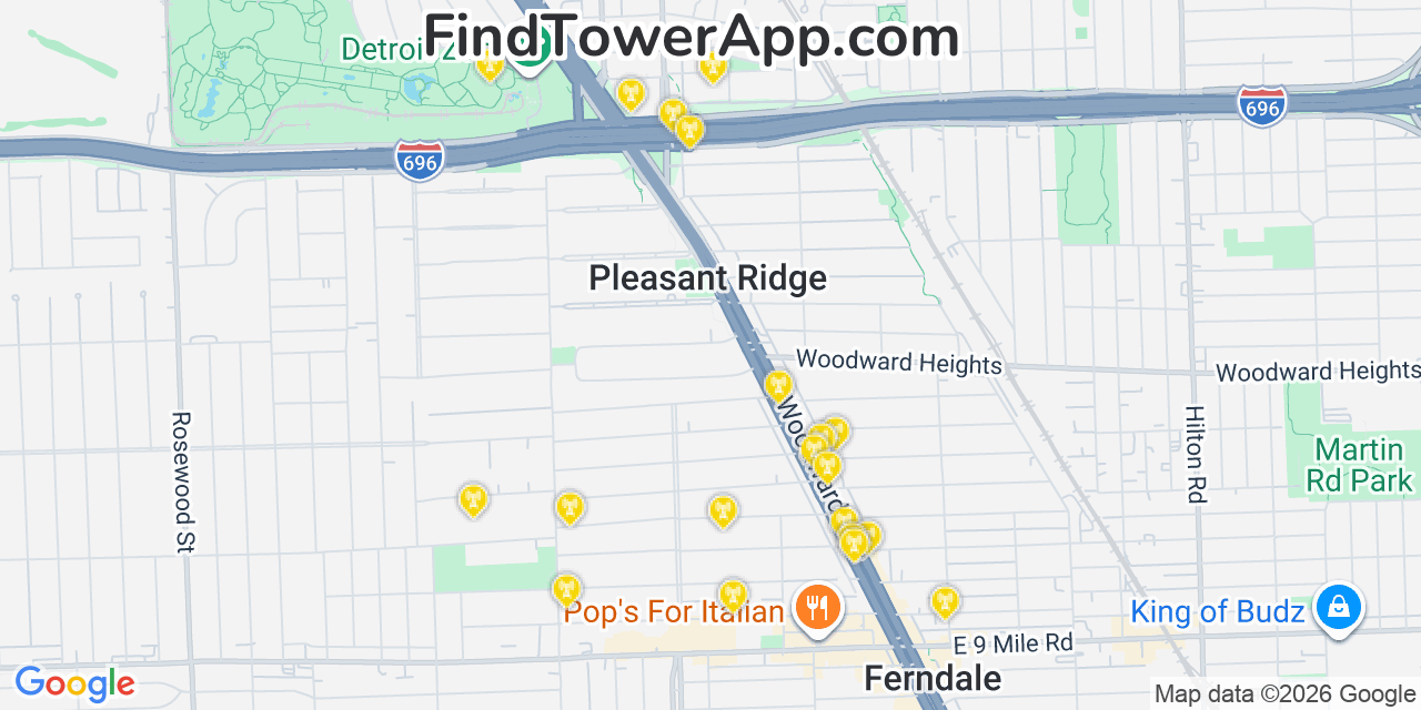 Map showing the 20 primary cell tower locations detected in Pleasant Ridge, Michigan from AT&T, Verizon, and T-Mobile networks