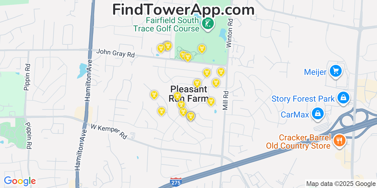 Map showing the 20 primary cell tower locations detected in Pleasant Run Farm, Ohio from AT&T, Verizon, and T-Mobile networks