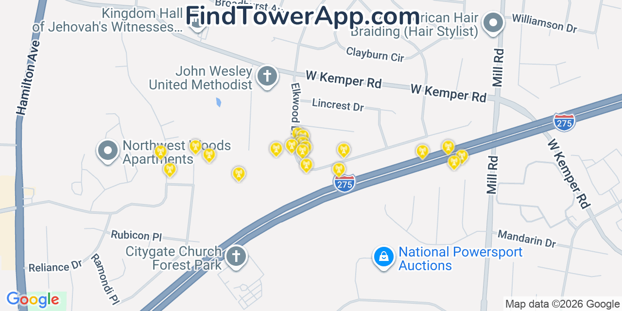 Map showing the 20 primary cell tower locations detected in Pleasant Run Farm, Ohio from AT&T, Verizon, and T-Mobile networks