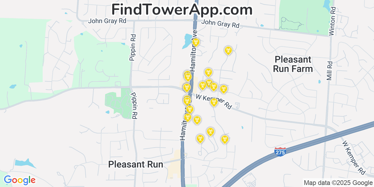 Map showing the 20 primary cell tower locations detected in Pleasant Run, Ohio from AT&T, Verizon, and T-Mobile networks