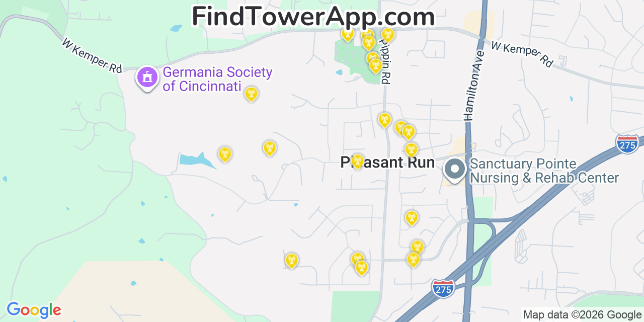 Map showing the 20 primary cell tower locations detected in Pleasant Run, Ohio from AT&T, Verizon, and T-Mobile networks
