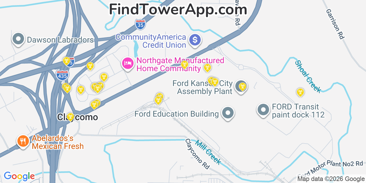 Map showing the 20 primary cell tower locations detected in Pleasant Valley, Missouri from AT&T, Verizon, and T-Mobile networks