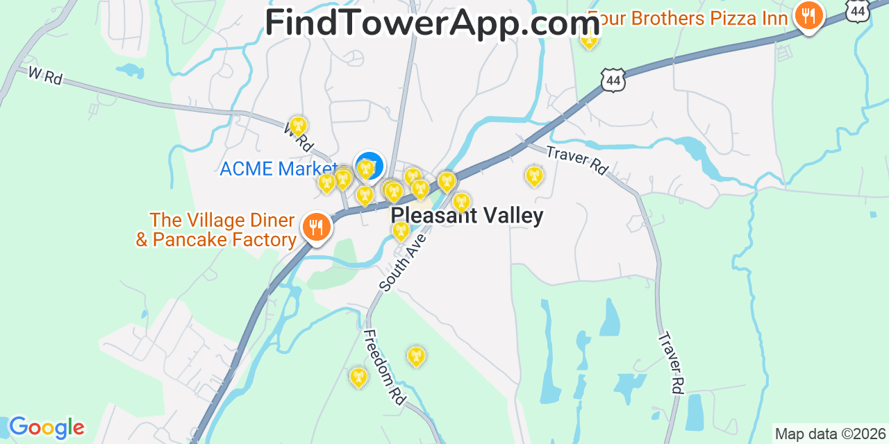 Map showing the 20 primary cell tower locations detected in Pleasant Valley, New York from AT&T, Verizon, and T-Mobile networks