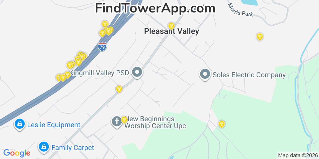 Map showing the 20 primary cell tower locations detected in Pleasant Valley, West Virginia from AT&T, Verizon, and T-Mobile networks