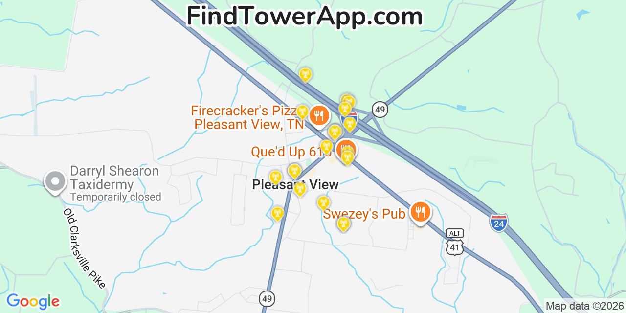 Map showing the 20 primary cell tower locations detected in Pleasant View, Tennessee from AT&T, Verizon, and T-Mobile networks