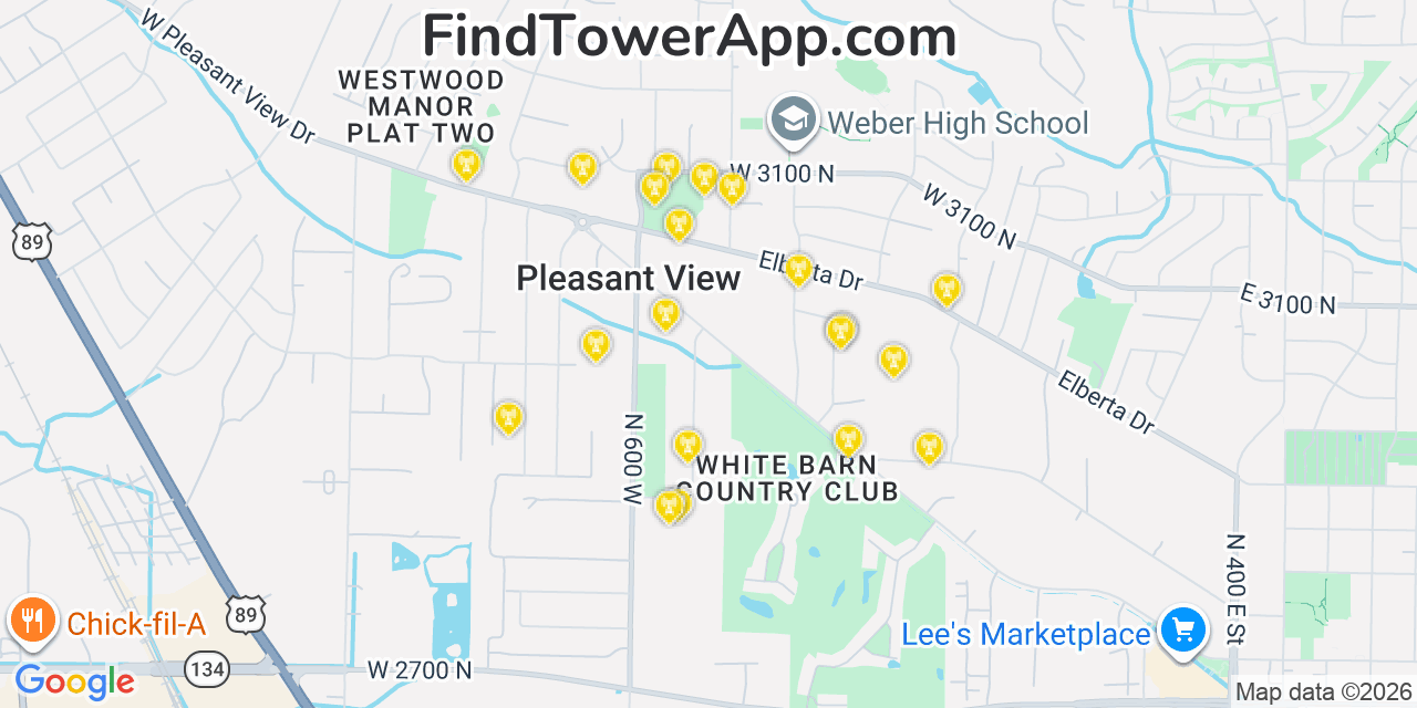 Map showing the 20 primary cell tower locations detected in Pleasant View, Utah from AT&T, Verizon, and T-Mobile networks