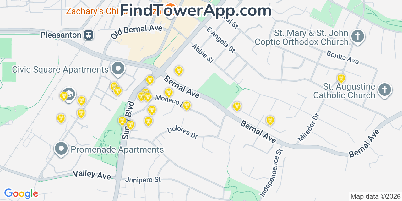 Map showing the 20 primary cell tower locations detected in Pleasanton, California from AT&T, Verizon, and T-Mobile networks