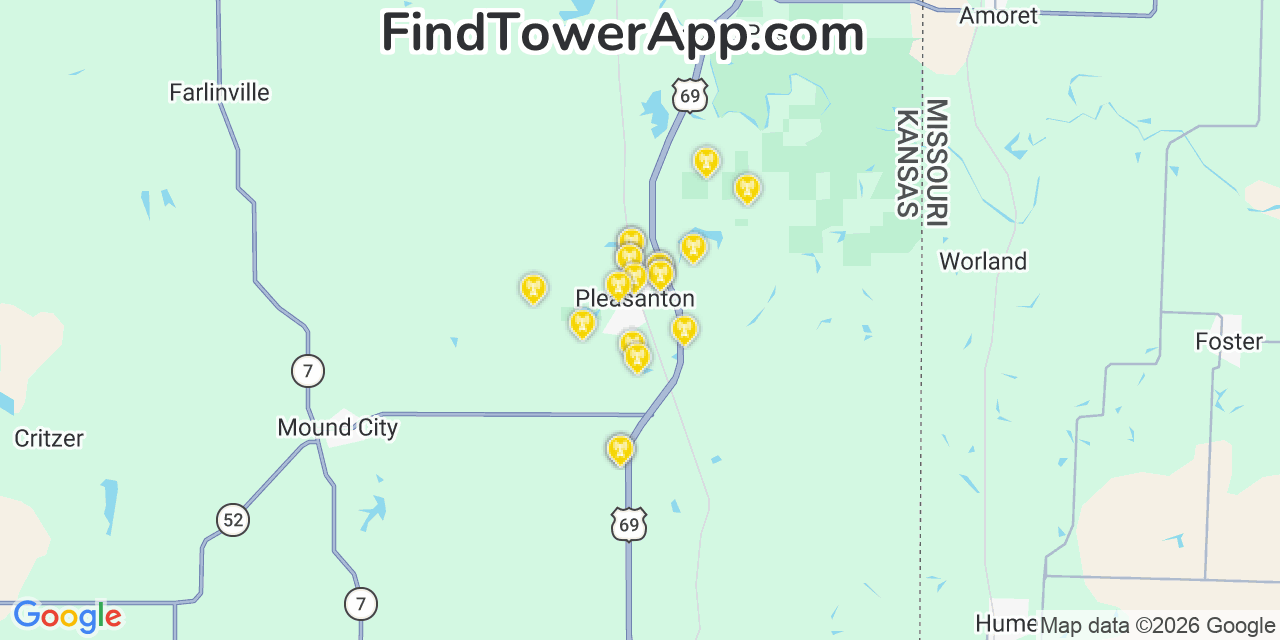 Map showing the 20 primary cell tower locations detected in Pleasanton, Kansas from AT&T, Verizon, and T-Mobile networks