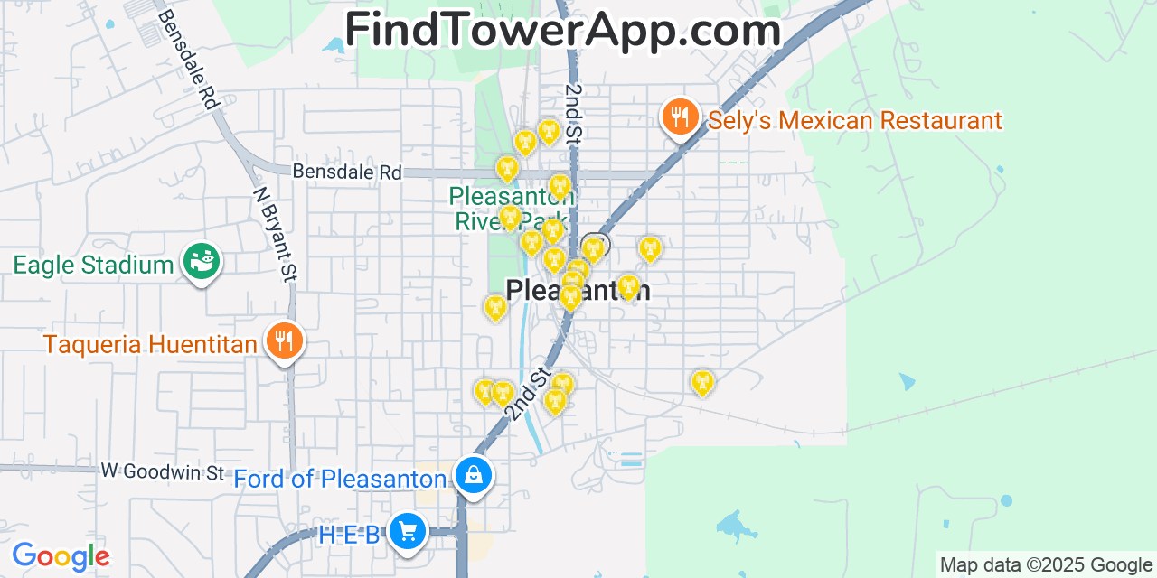 Map showing the 20 primary cell tower locations detected in Pleasanton, Texas from AT&T, Verizon, and T-Mobile networks