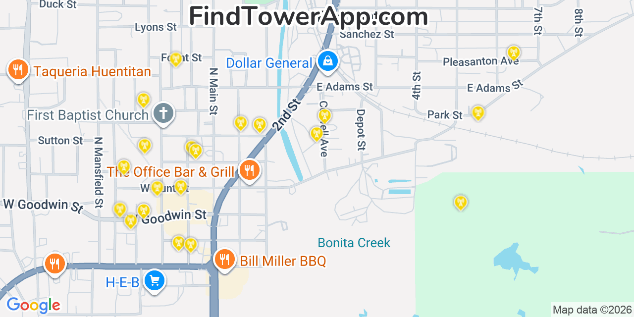 Map showing the 20 primary cell tower locations detected in Pleasanton, Texas from AT&T, Verizon, and T-Mobile networks