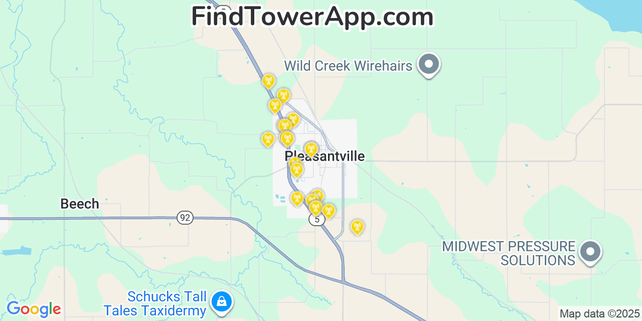 Map showing the 20 primary cell tower locations detected in Pleasantville, Iowa from AT&T, Verizon, and T-Mobile networks