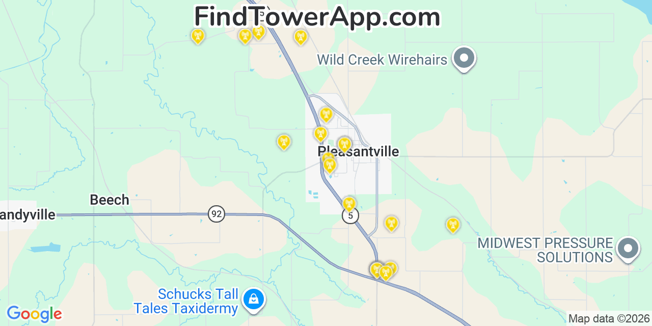 Map showing the 20 primary cell tower locations detected in Pleasantville, Iowa from AT&T, Verizon, and T-Mobile networks