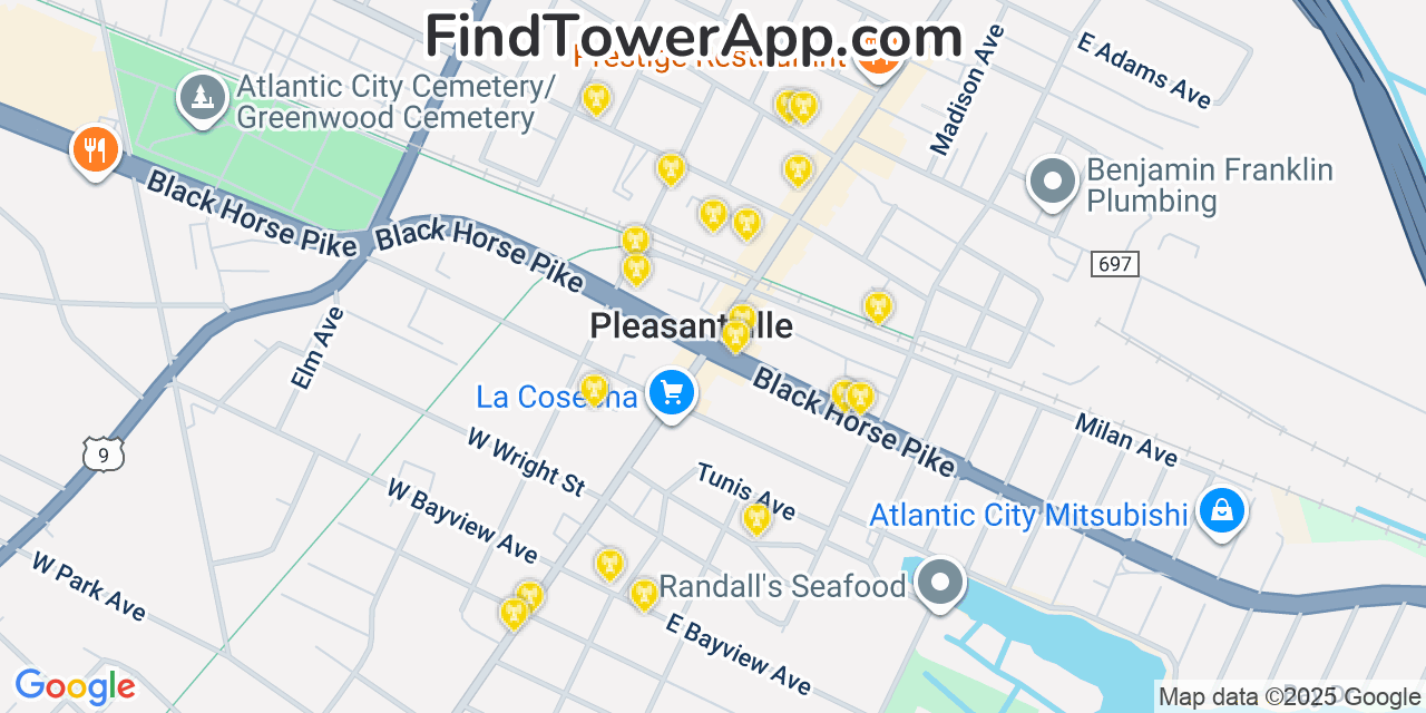 Map showing the 20 primary cell tower locations detected in Pleasantville, New Jersey from AT&T, Verizon, and T-Mobile networks