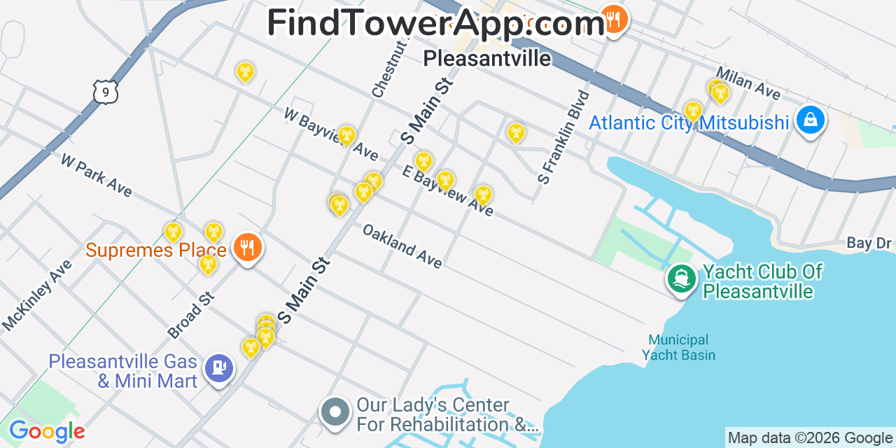 Map showing the 20 primary cell tower locations detected in Pleasantville, New Jersey from AT&T, Verizon, and T-Mobile networks