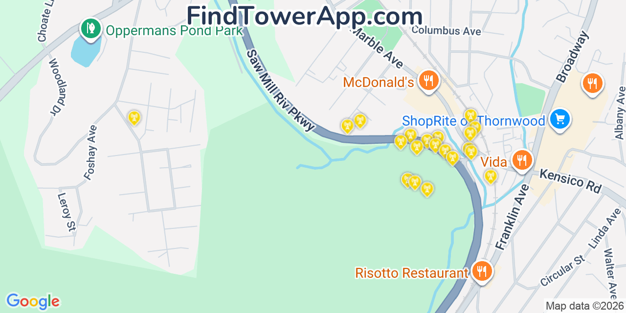 Map showing the 20 primary cell tower locations detected in Pleasantville, New York from AT&T, Verizon, and T-Mobile networks