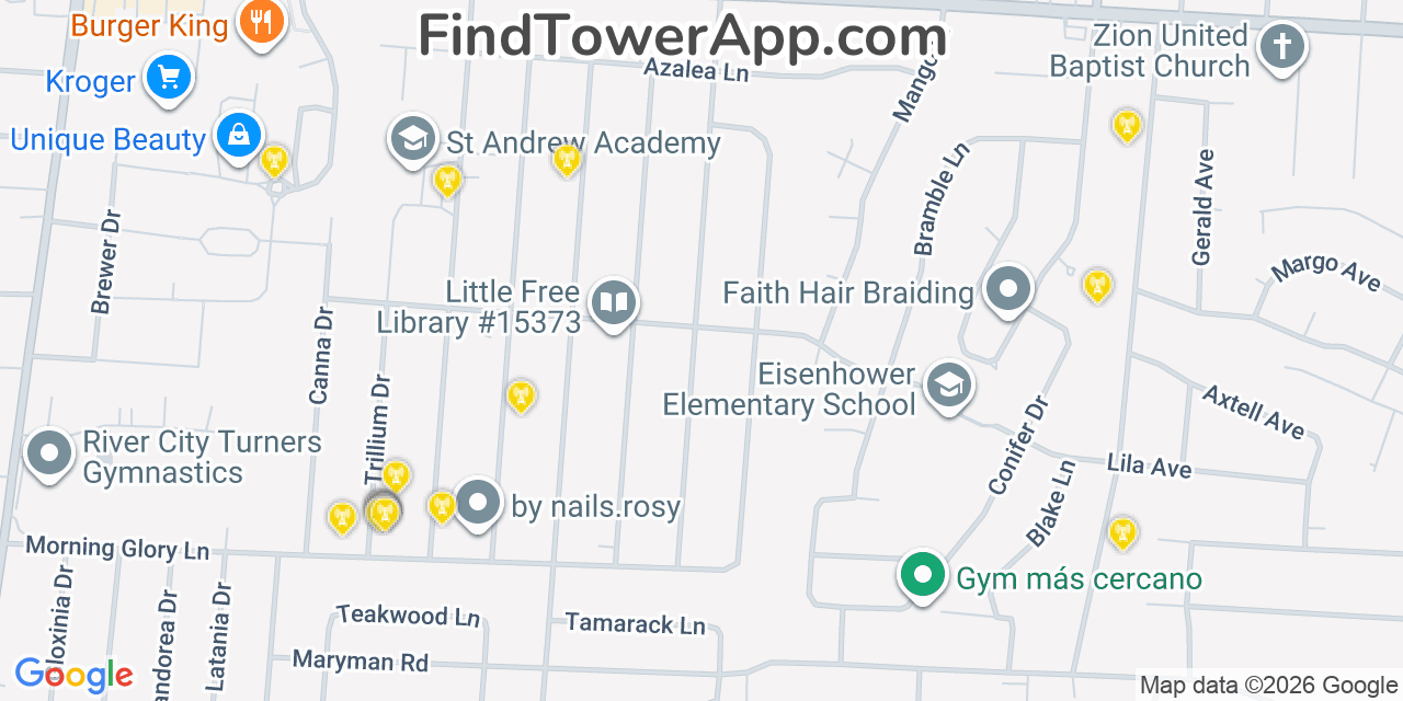 Map showing the 20 primary cell tower locations detected in Pleasure Ridge Park, Kentucky from AT&T, Verizon, and T-Mobile networks