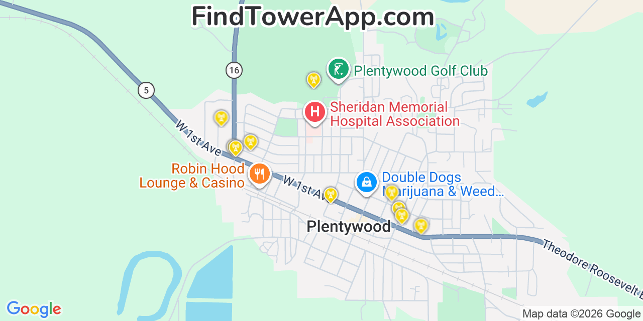 Map showing the 20 primary cell tower locations detected in Plentywood, Montana from AT&T, Verizon, and T-Mobile networks