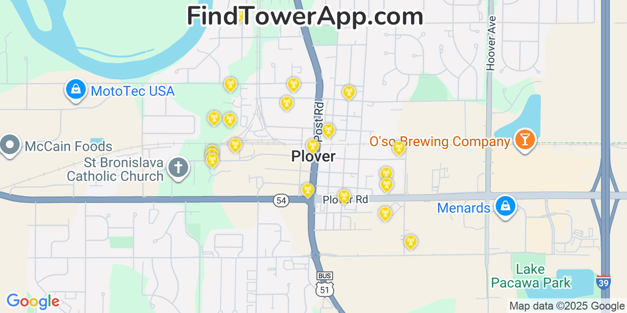 Map showing the 20 primary cell tower locations detected in Plover, Wisconsin from AT&T, Verizon, and T-Mobile networks