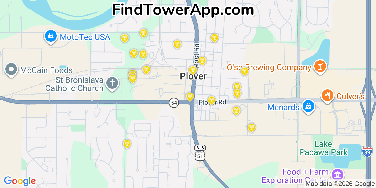 Map showing the 20 primary cell tower locations detected in Plover, Wisconsin from AT&T, Verizon, and T-Mobile networks
