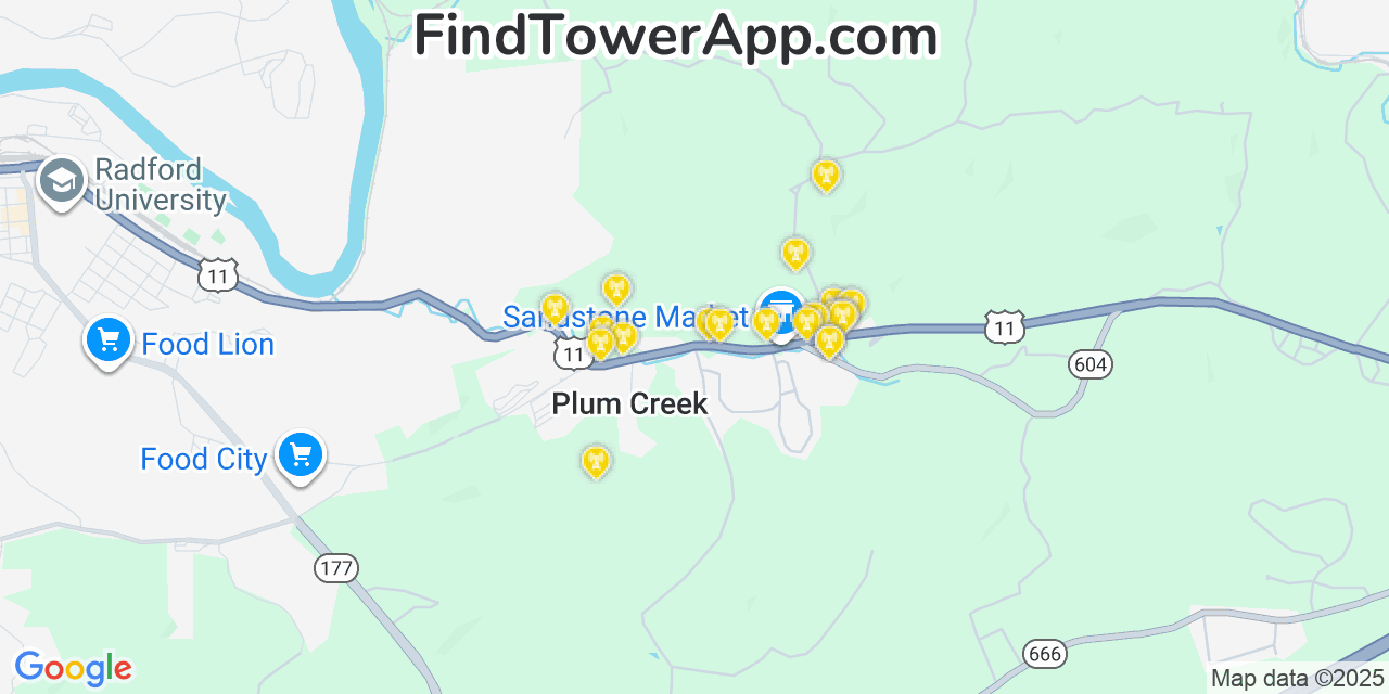 Map showing the 20 primary cell tower locations detected in Plum Creek, Virginia from AT&T, Verizon, and T-Mobile networks