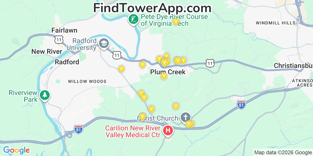 Map showing the 20 primary cell tower locations detected in Plum Creek, Virginia from AT&T, Verizon, and T-Mobile networks