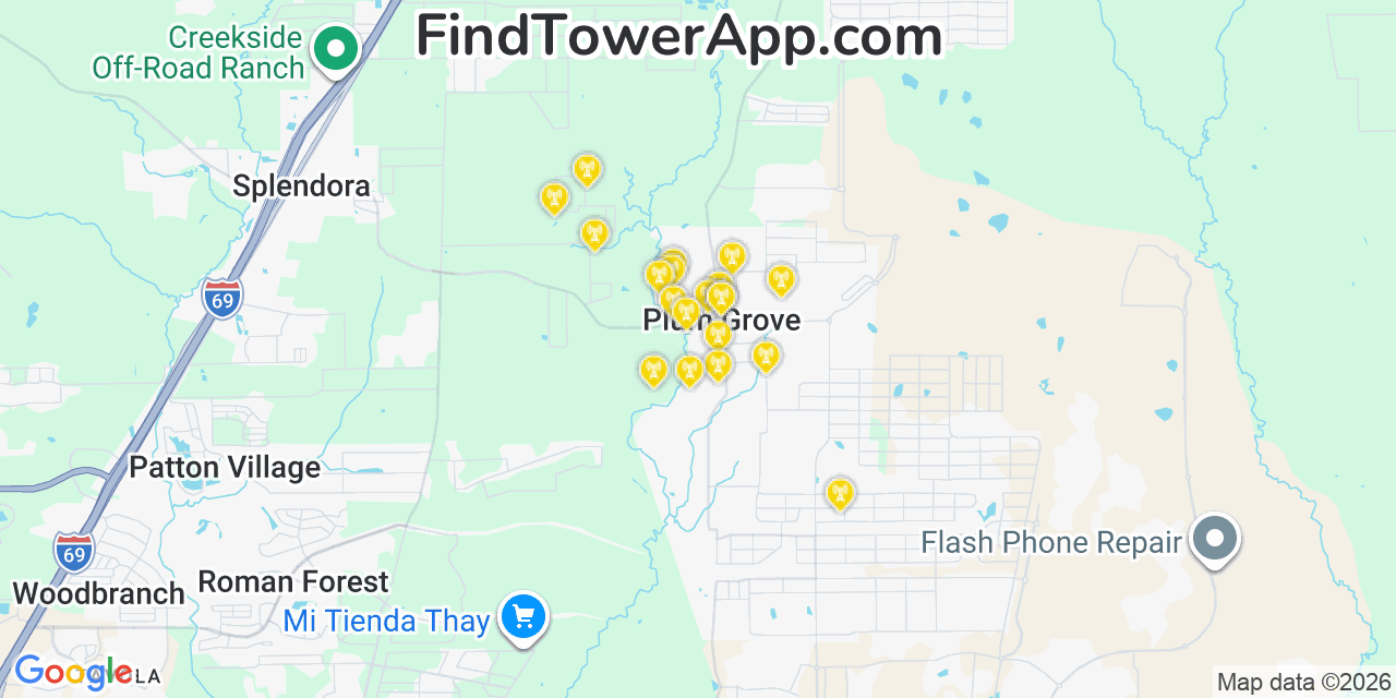 Map showing the 20 primary cell tower locations detected in Plum Grove, Texas from AT&T, Verizon, and T-Mobile networks