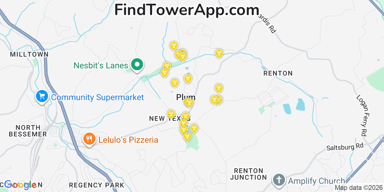 Map showing the 20 primary cell tower locations detected in Plum, Pennsylvania from AT&T, Verizon, and T-Mobile networks