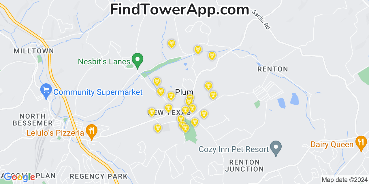 Verizon 4G/5G cell tower coverage map Plum, Pennsylvania