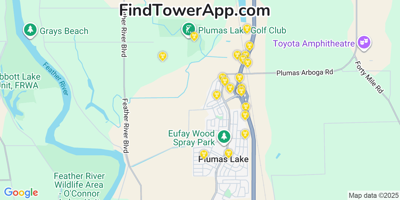 Map showing the 20 primary cell tower locations detected in Plumas Lake, California from AT&T, Verizon, and T-Mobile networks