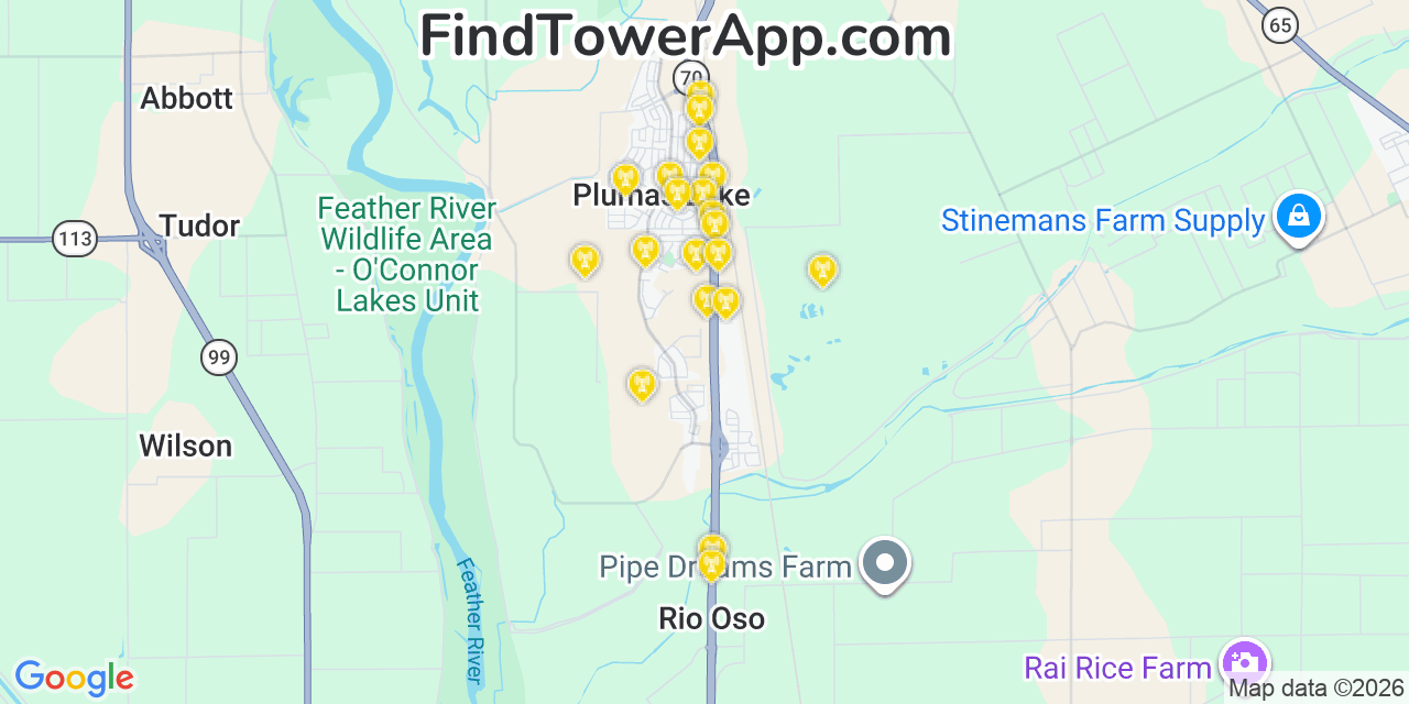 Map showing the 20 primary cell tower locations detected in Plumas Lake, California from AT&T, Verizon, and T-Mobile networks