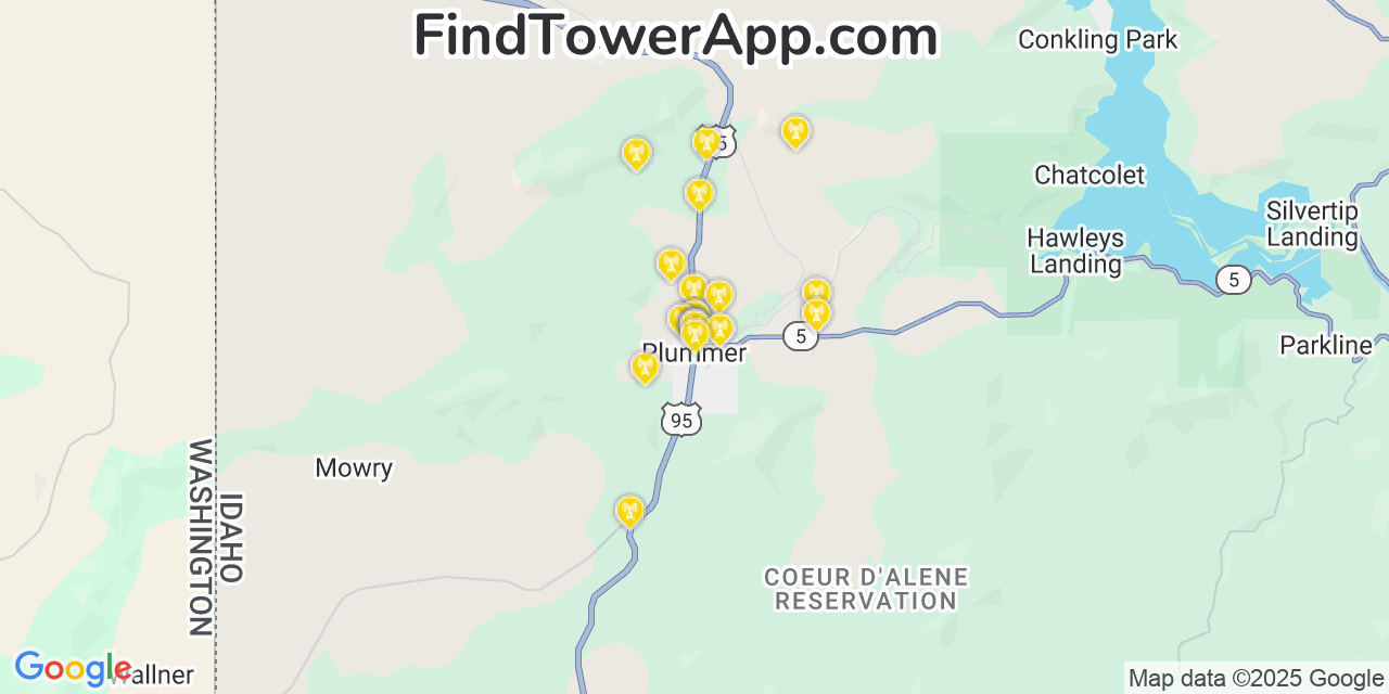 Map showing the 20 primary cell tower locations detected in Plummer, Idaho from AT&T, Verizon, and T-Mobile networks