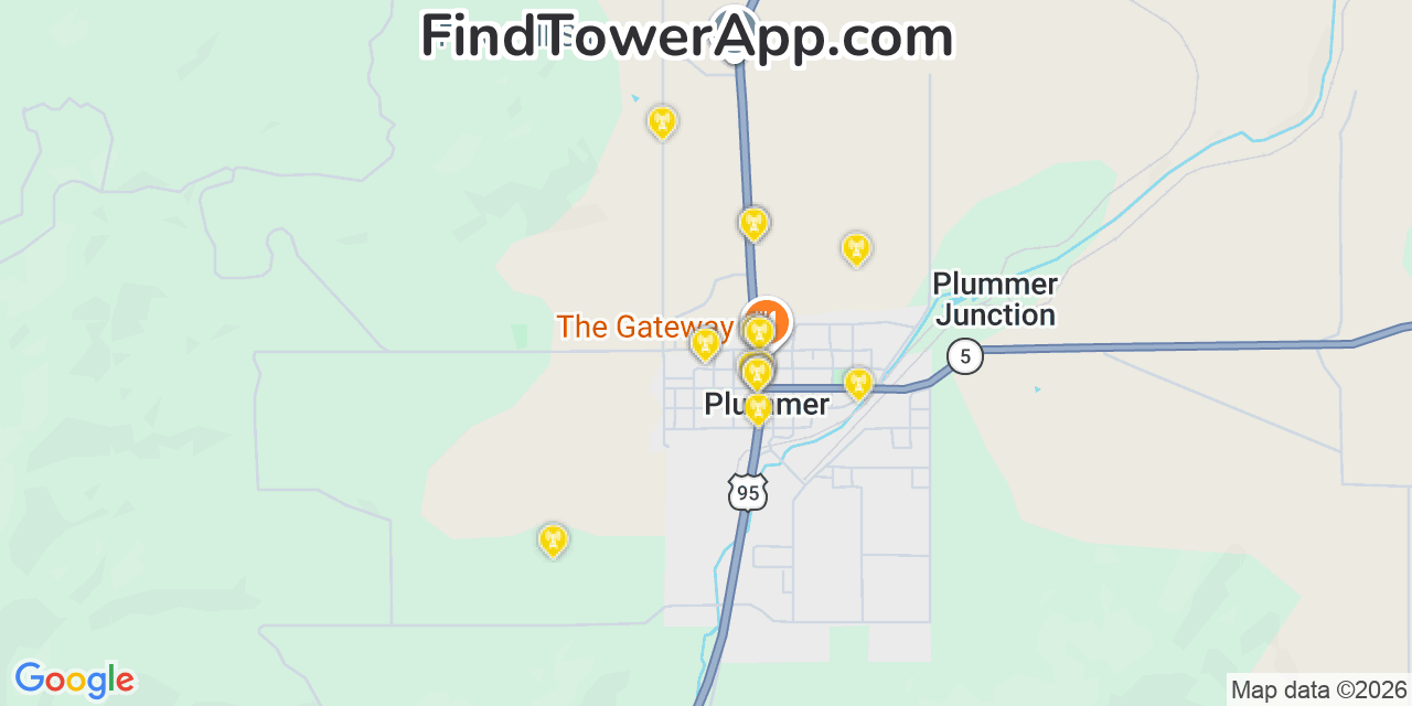 Map showing the 20 primary cell tower locations detected in Plummer, Idaho from AT&T, Verizon, and T-Mobile networks