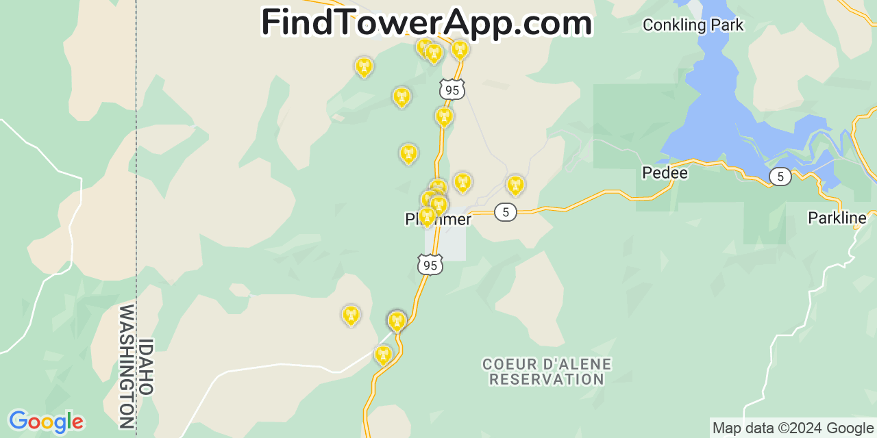 Verizon 4G/5G cell tower coverage map Plummer, Idaho