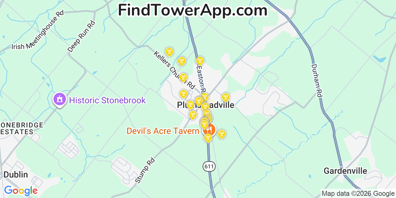 Map showing the 20 primary cell tower locations detected in Plumsteadville, Pennsylvania from AT&T, Verizon, and T-Mobile networks