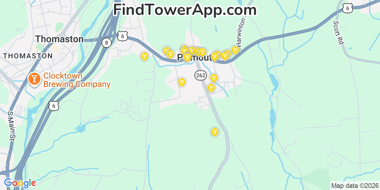 Map showing the 20 primary cell tower locations detected in Plymouth, Connecticut from AT&T, Verizon, and T-Mobile networks