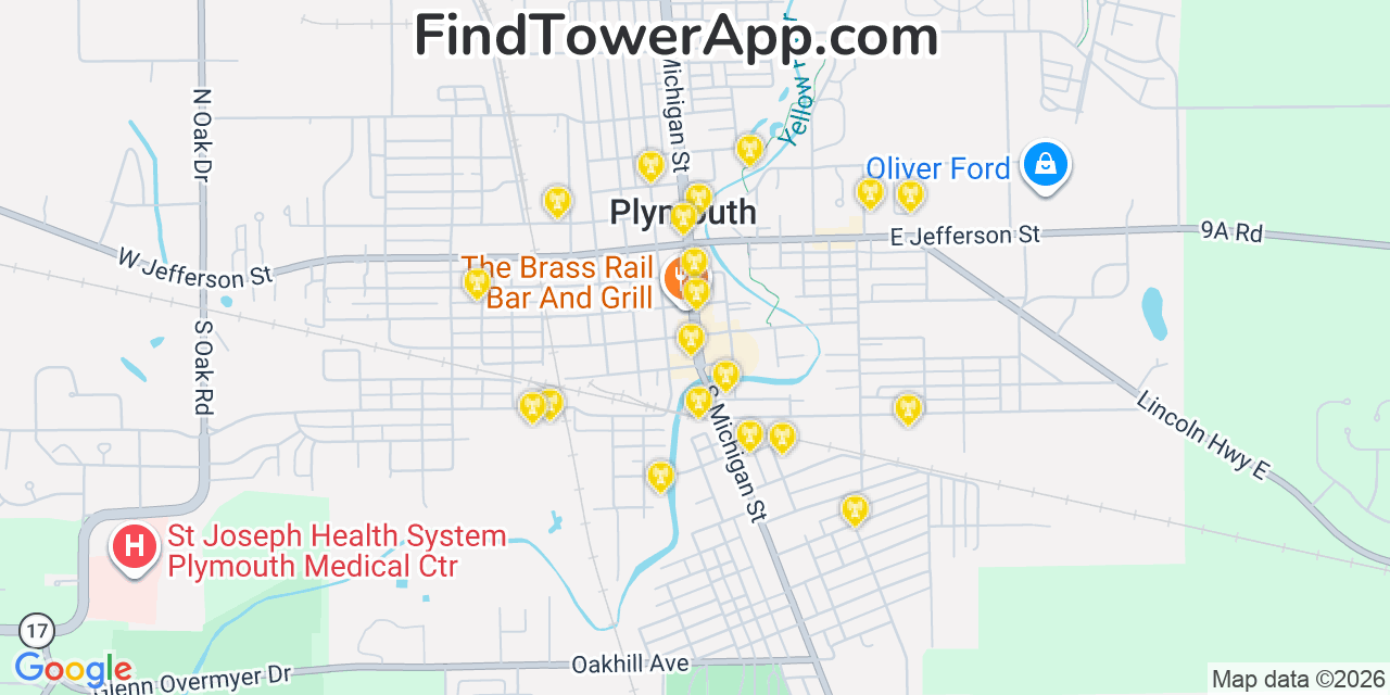 Map showing the 20 primary cell tower locations detected in Plymouth, Indiana from AT&T, Verizon, and T-Mobile networks