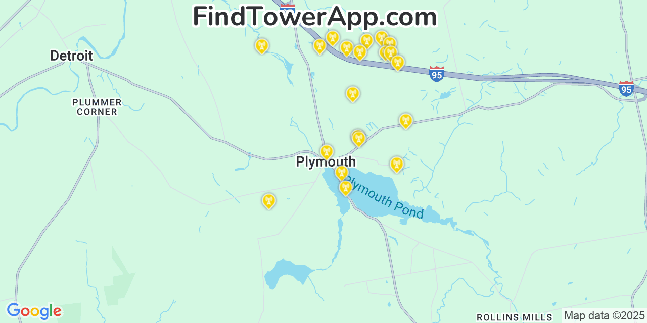 Map showing the 20 primary cell tower locations detected in Plymouth, Maine from AT&T, Verizon, and T-Mobile networks