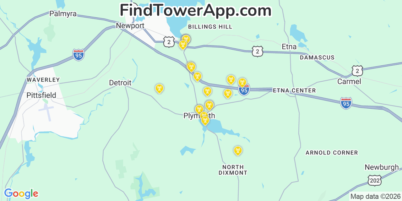Map showing the 20 primary cell tower locations detected in Plymouth, Maine from AT&T, Verizon, and T-Mobile networks