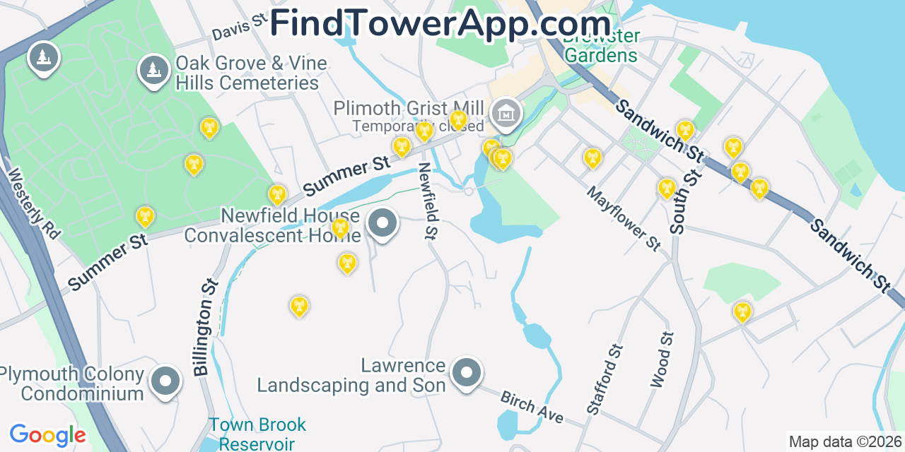 Map showing the 20 primary cell tower locations detected in Plymouth, Massachusetts from AT&T, Verizon, and T-Mobile networks