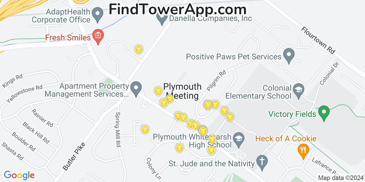 AT&T 4G/5G cell tower coverage map Plymouth Meeting, Pennsylvania