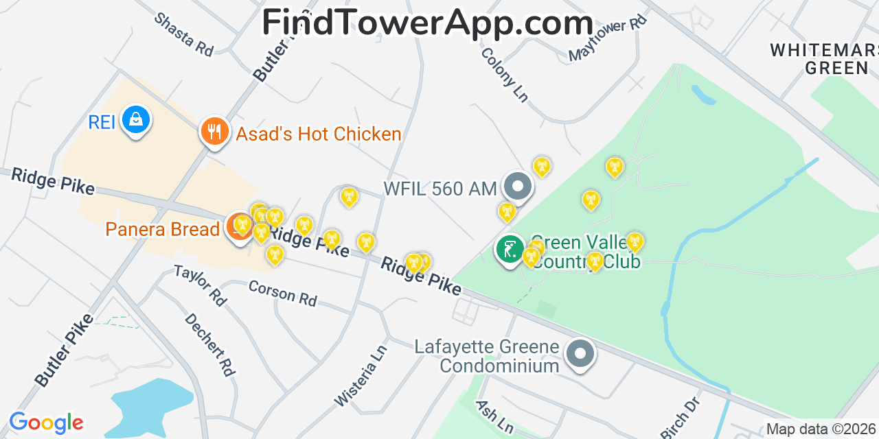 Map showing the 20 primary cell tower locations detected in Plymouth Meeting, Pennsylvania from AT&T, Verizon, and T-Mobile networks