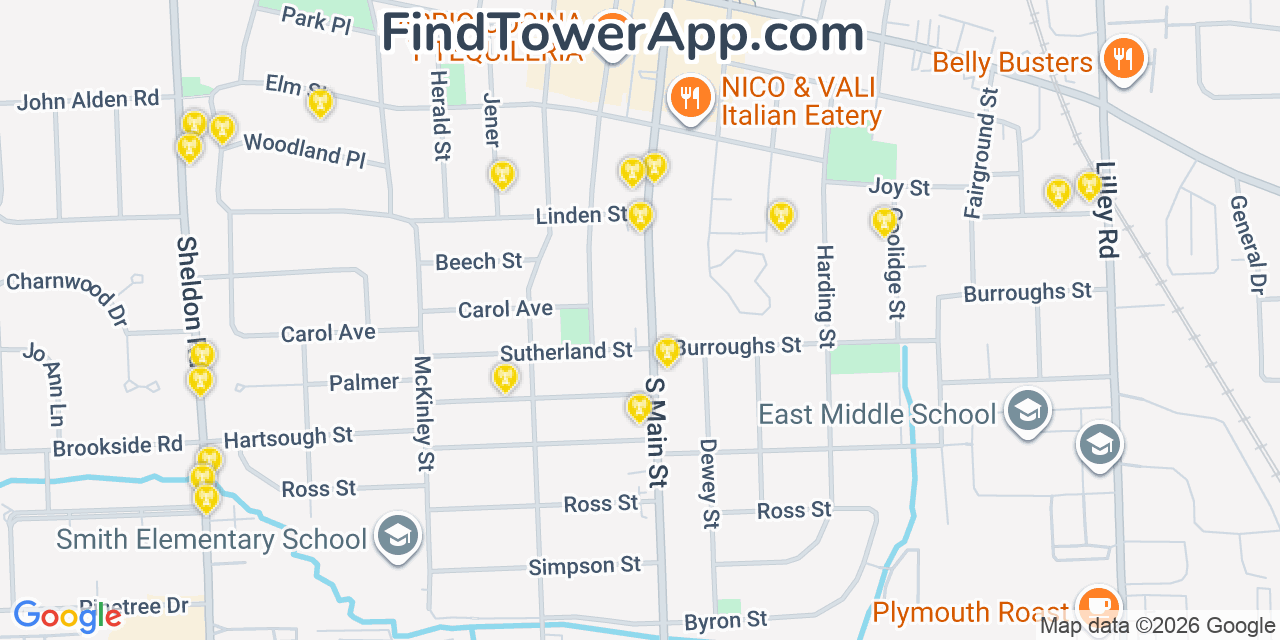 Map showing the 20 primary cell tower locations detected in Plymouth, Michigan from AT&T, Verizon, and T-Mobile networks