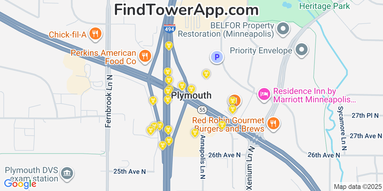 Map showing the 20 primary cell tower locations detected in Plymouth, Minnesota from AT&T, Verizon, and T-Mobile networks