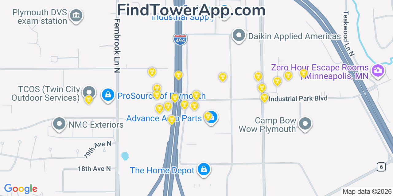 Map showing the 20 primary cell tower locations detected in Plymouth, Minnesota from AT&T, Verizon, and T-Mobile networks