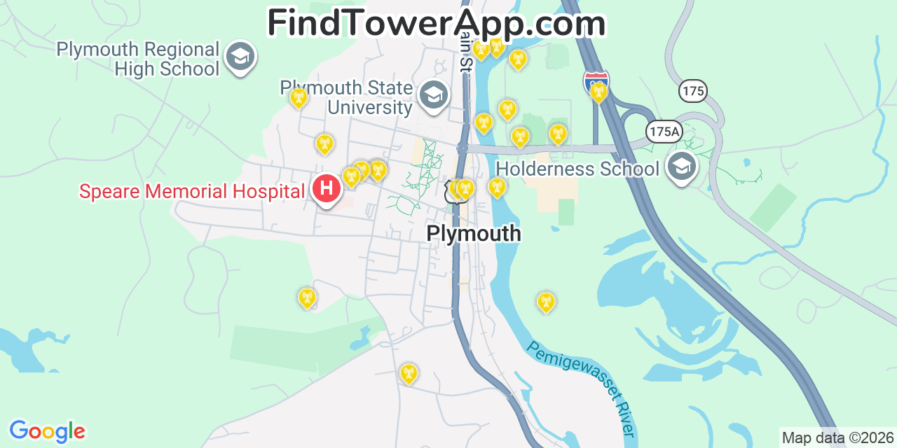 Map showing the 20 primary cell tower locations detected in Plymouth, New Hampshire from AT&T, Verizon, and T-Mobile networks
