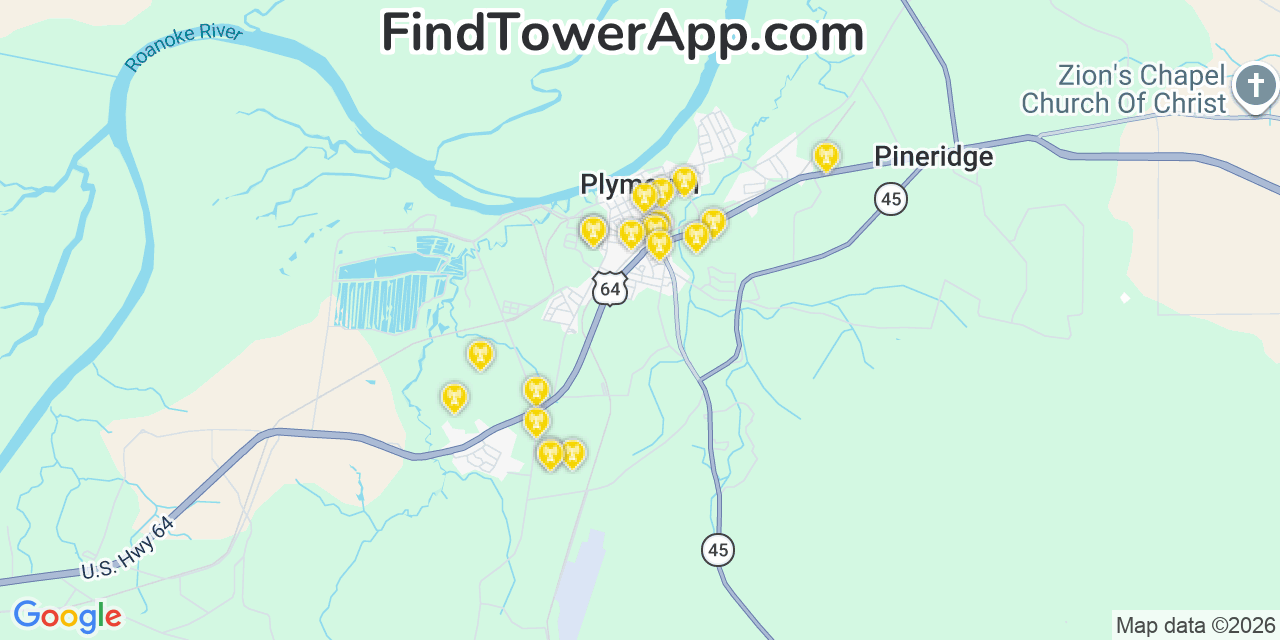 Map showing the 20 primary cell tower locations detected in Plymouth, North Carolina from AT&T, Verizon, and T-Mobile networks