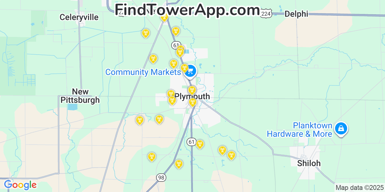 Map showing the 20 primary cell tower locations detected in Plymouth, Ohio from AT&T, Verizon, and T-Mobile networks